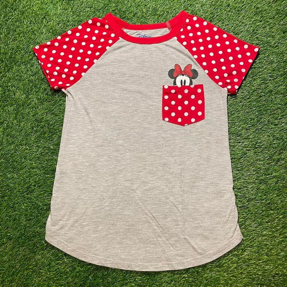Disney Minnie Mouse grey & red polka dot pocket kids tee size M (7/9)